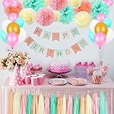 LITAUS Tri-Color Birthday Decorations, Party Decorations Supplies, Happy Birthday Banner, Party Balloons, Paper Flowers for Kids Girls Birthday, 1st Birthday Girl Decorations, Birthday Party Supplies