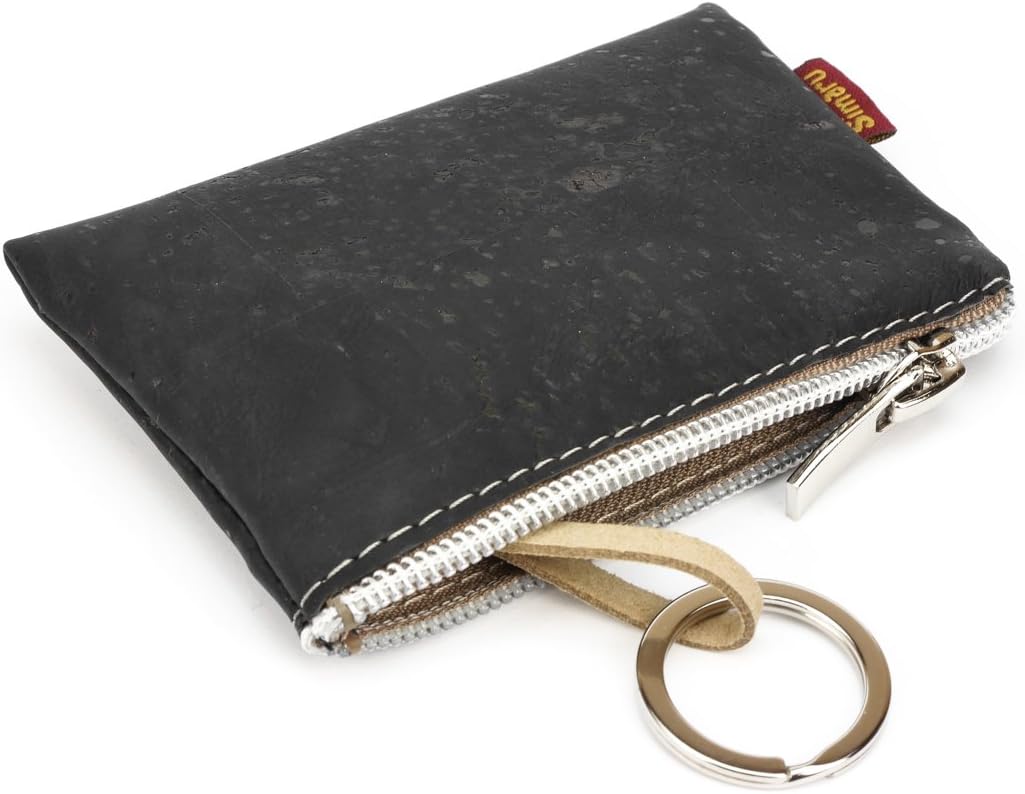 SIMARU Vegan Coin Pouch Keyring, Slim Zip Key Pouch with Card Holder Compartment (Brown), Black
