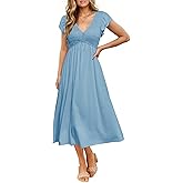 BerryGo Womens Summer Casual Midi Dress V Neck Flutter Short Sleeve Smocked A Line Flowy Graduation Spring Dress 2025
