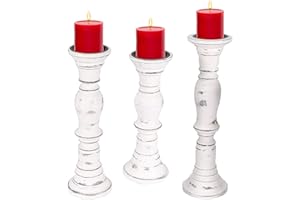 THE WOODEN TOWN White Antique Wooden Pillar Candle Holders Set of 3– 16", 14", 12" – Rustic Farmhouse Decor for LED & Pillar Candles – Ideal for Weddings, Parties, Home, Spa & Aromatherapy