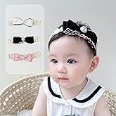 Rannyrena Bow Lace Headbands for Baby Girls Soft Tulle Ribbon Pearl Head Wrap Elastic Bow-knot Hair Band Shower Birthday Hair Accessory for Newborn Infant Toddler (Black A, Elastic)