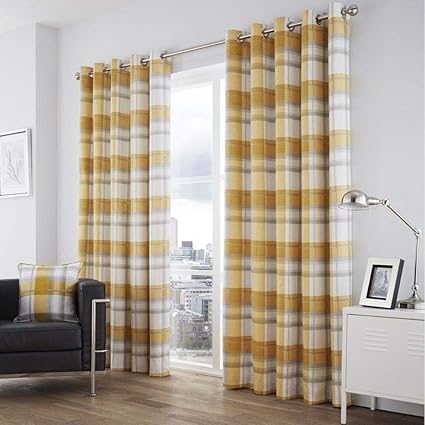 Birkdale Check Fully Lined Ring Top Eyelet Curtains Ochre Yellow