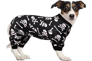 JAMKTEPAT Dog Pajamas Halloween Dog Onesie Short Plush Dog Pjs Skull&Crossbones Super Soft and Stretchy Dog Jammies for Large Dogs (L) Black