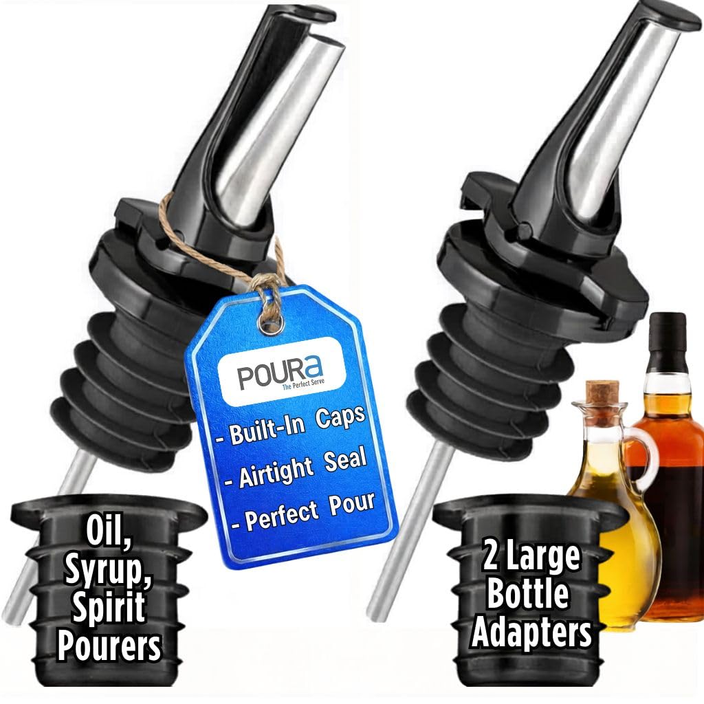Poura Spirit Pourers - Hygienic ClickSeal Alcohol Speed Pourer Spouts - Stops Barfly, Dishwasher Safe. Also for Olive Oil, Juice, Syrup. Black 2 Pk with Adapters for Large Bottles