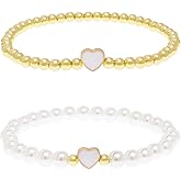 BXDA White Ball Beaded Heart Stack Bracelets Set for Women, 2Pcs Boho Handmade Gold Beads Pearl Stackable Stretch Fashion Jewelry Gift.