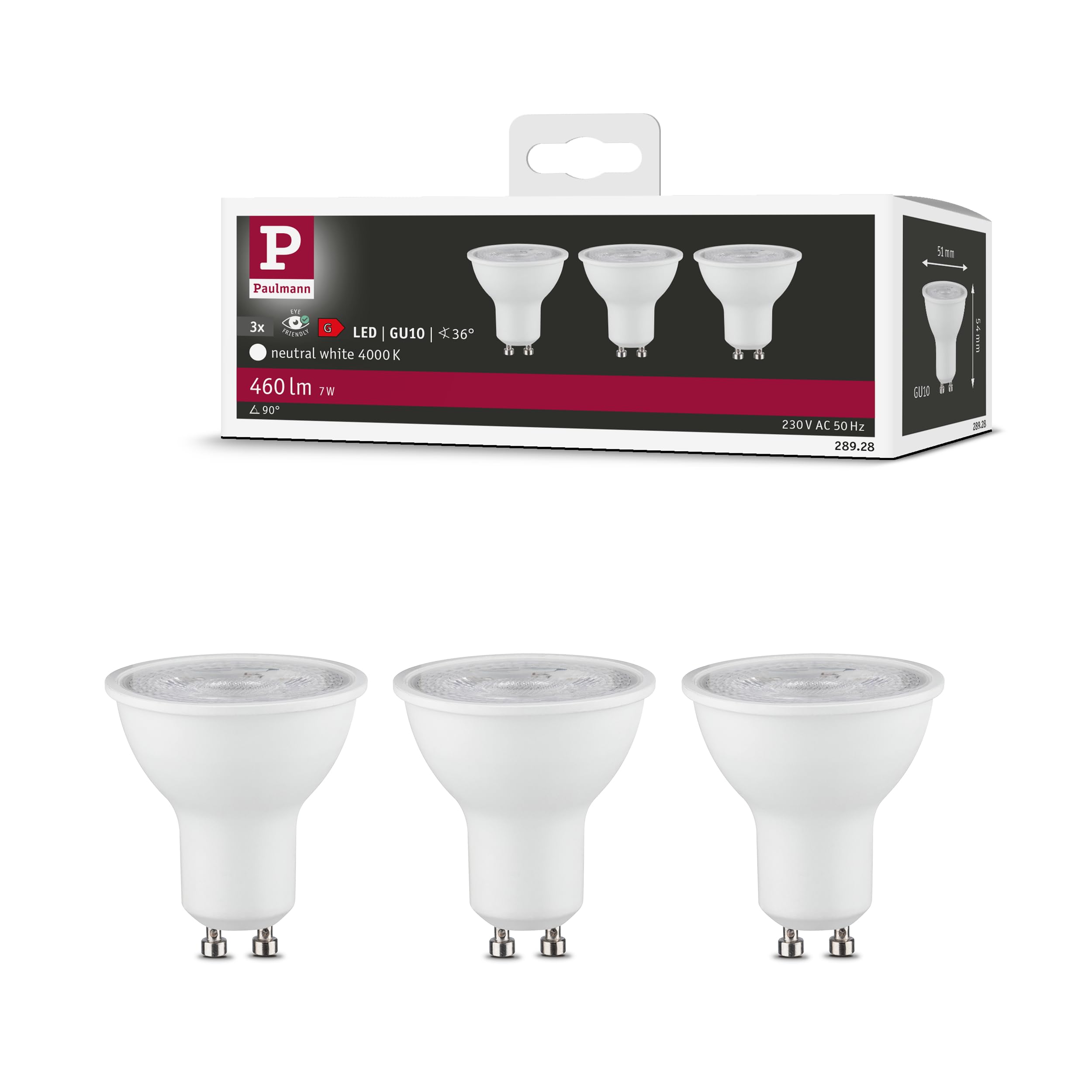 Paulmann 28928 LED Reflector Light Bulb Set of 3 3X 460 lm 36° 3X 7 Watt Light Bulbs Matte White 4000 K GU10
