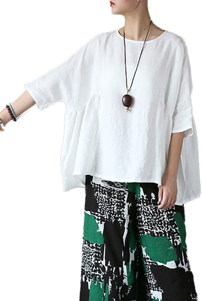 Mordenmiss Womens Cotton Linen Tunic Tops HiLow Dresses with Pockets