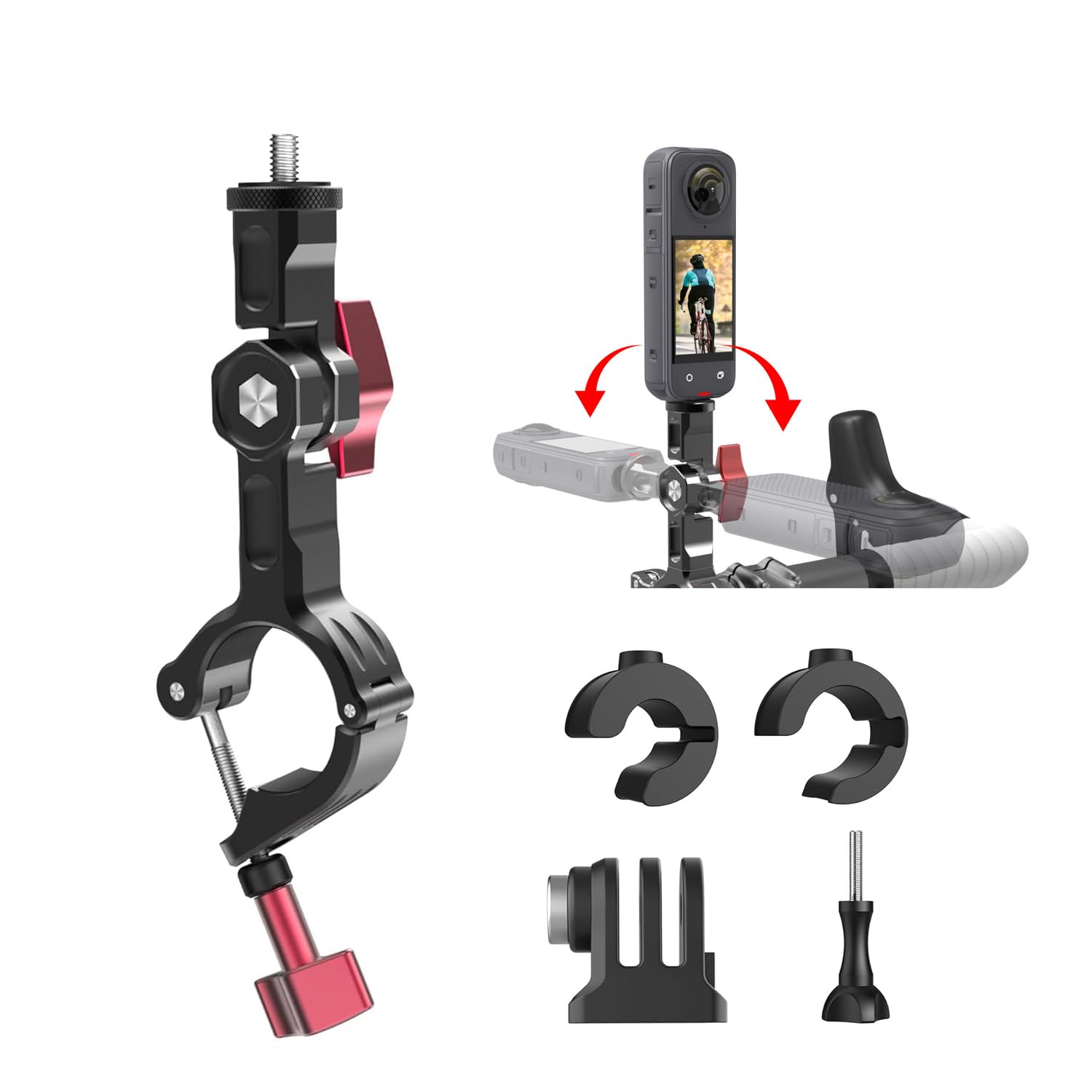 UNSTINCER Metal Action Camera Handlebar Mount for 7-35mm Pole, 270° Swivel Cam Holder Bracket for GoPro Hero 13 12 Insta360 X5 X4 DJI Osmo AKASO to Motorcycle Motor Mirror Bike Bicycle Mtb E-Scooter