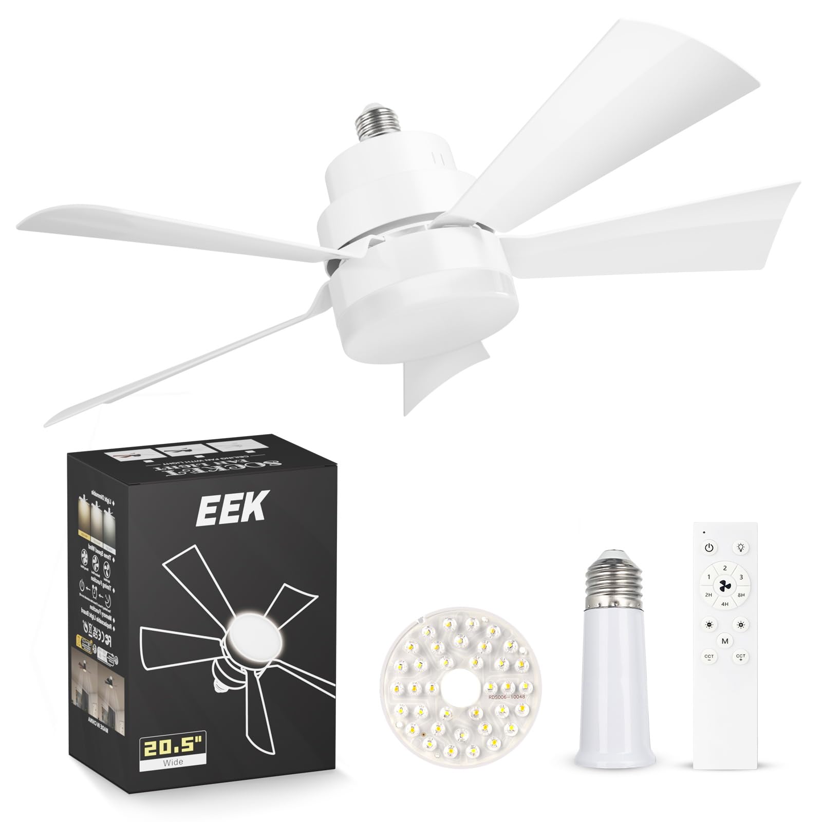 Photo 1 of **MISSING REMOTE** EEK Socket Fan Light with Ultra Quiet Design, 20.5? Ceiling Fans with LED Lights and Remote,Screw in Fan Light for E26/E27,3Speeds 3Colors 3000-6500K,1200 (White)