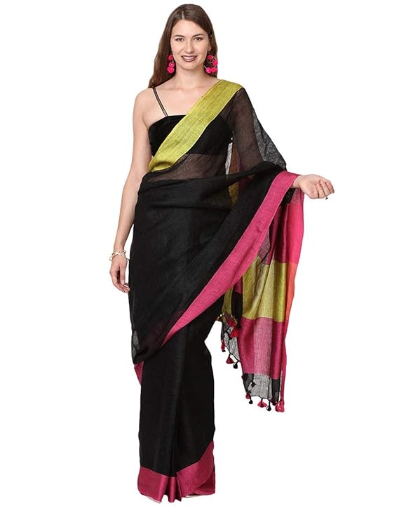For Womens Bhagalpuri Pure Line .Black Saree With Plain Zari Border Contrast Blouse Piece