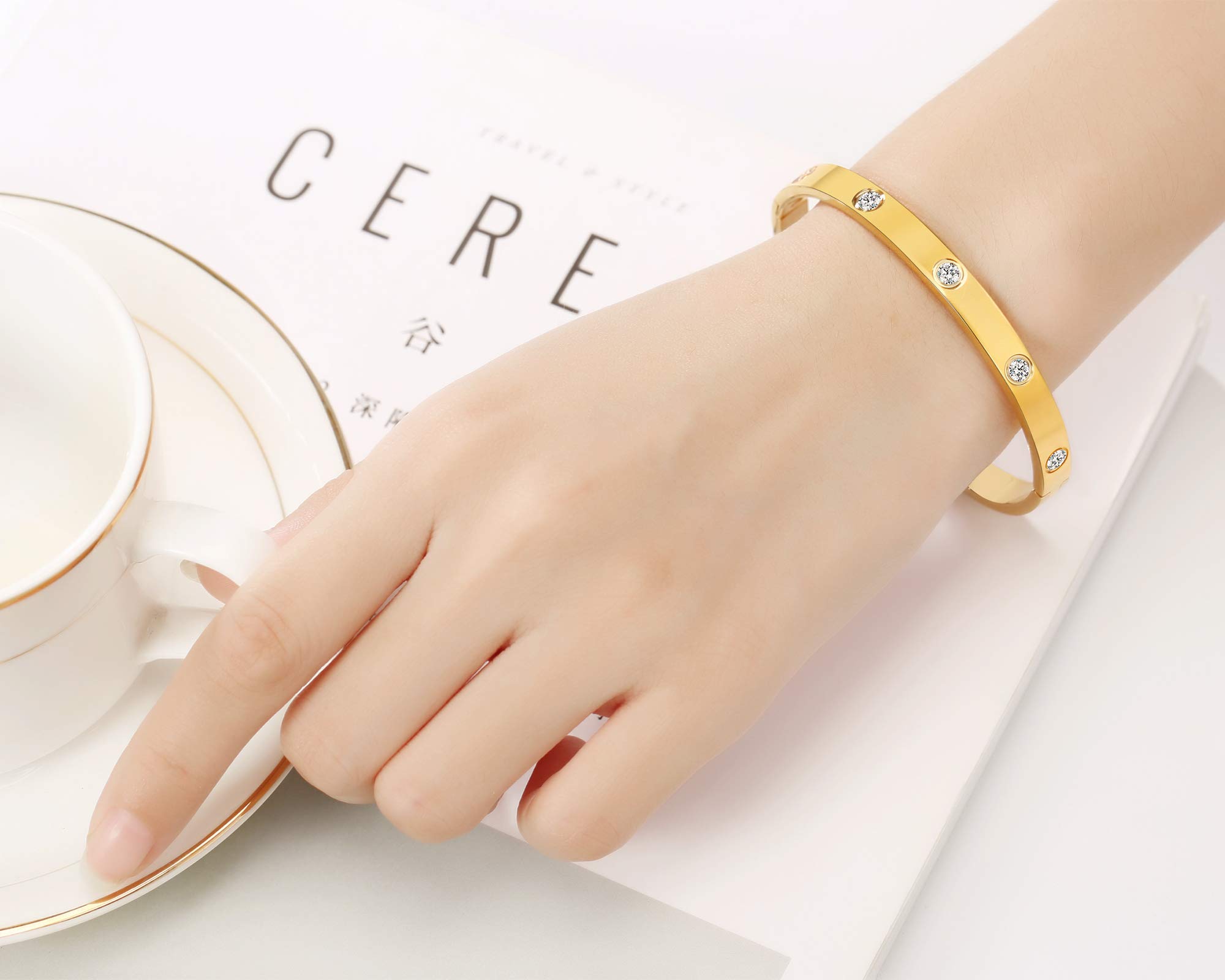 MVCOLEDY Jewelry 18 K Gold Bangle Bracelet CZ Stone Hinged Stainless Steel with Crystal Bangle for Women Small Size 6.7\