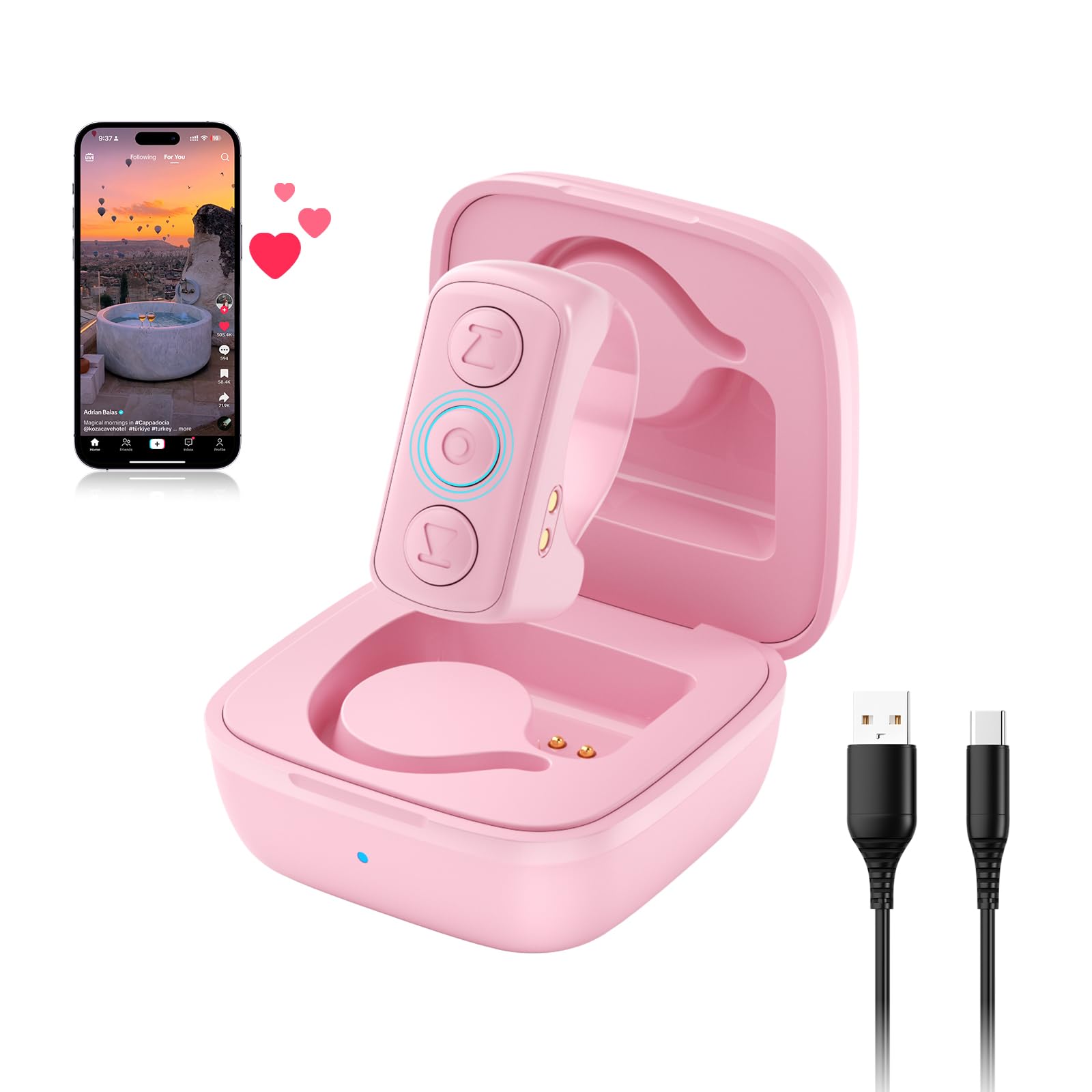 TikTok Scrolling Ring, Bluetooth Remote Control Page Turner for iOS iPad Android, Finger Scroller for TikTok Camera Video Shutter Selfie Button - Pink