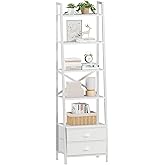 Furologee 5-Tier Ladder Shelf with 2 Drawers,Narrow Bookshelf Storage Shelves,Industrial Bookcase Freestanding Rack Units for Bedroom,Living Room,Bathroom,Home Office,Balcony,Wood Metal, White