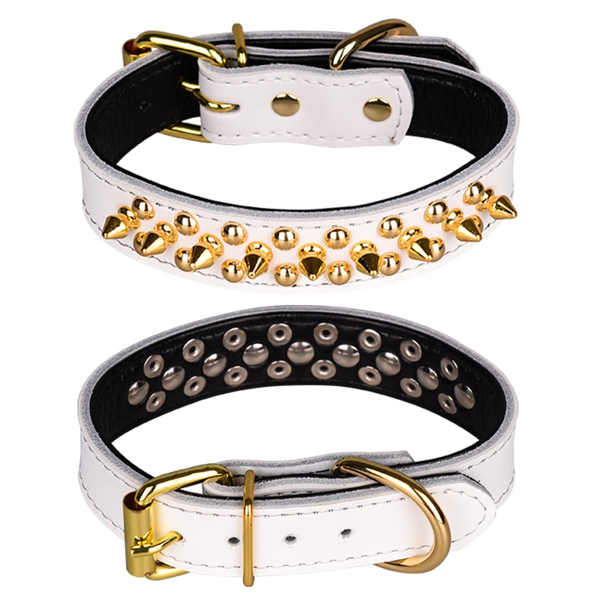 haoyueer Spiked Studded Dog Collar, Genuine Leather Dog Collar, Adjustable Pet Collars for Medium Large Bulldog Pitbull Mastiff Poodle Boxer (S, White)