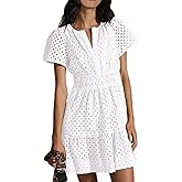 utcoco Lace Eyelet Mini Dress for Women 2025 Casual V Neck Short Sleeve Smocked Waist Tiered Boho Sun Dresses