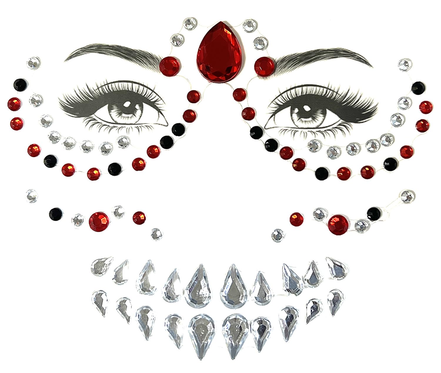Day of the Dead Face Jewels, Day of the Dead Makeup Face Stickers Gems Crystals, Halloween Costume Festival Make up Kit Tattoo for Women Men (1Piece, Red and Black A)