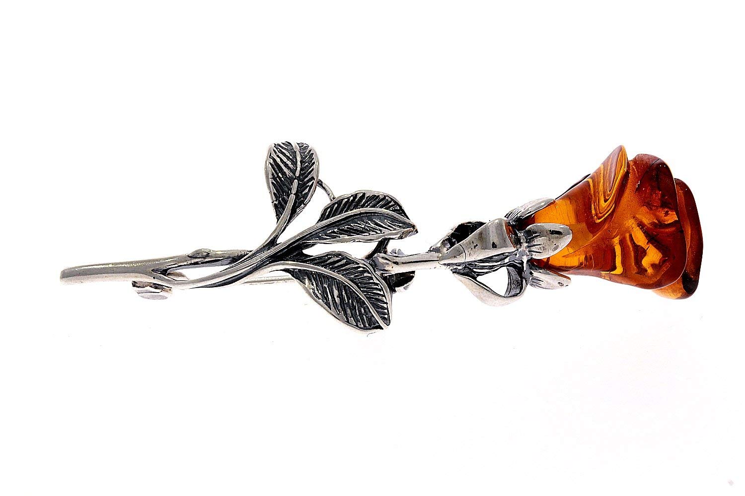 Genuine Cognac Baltic Amber & Sterling Silver Exclusive Rose Brooch - BR1C