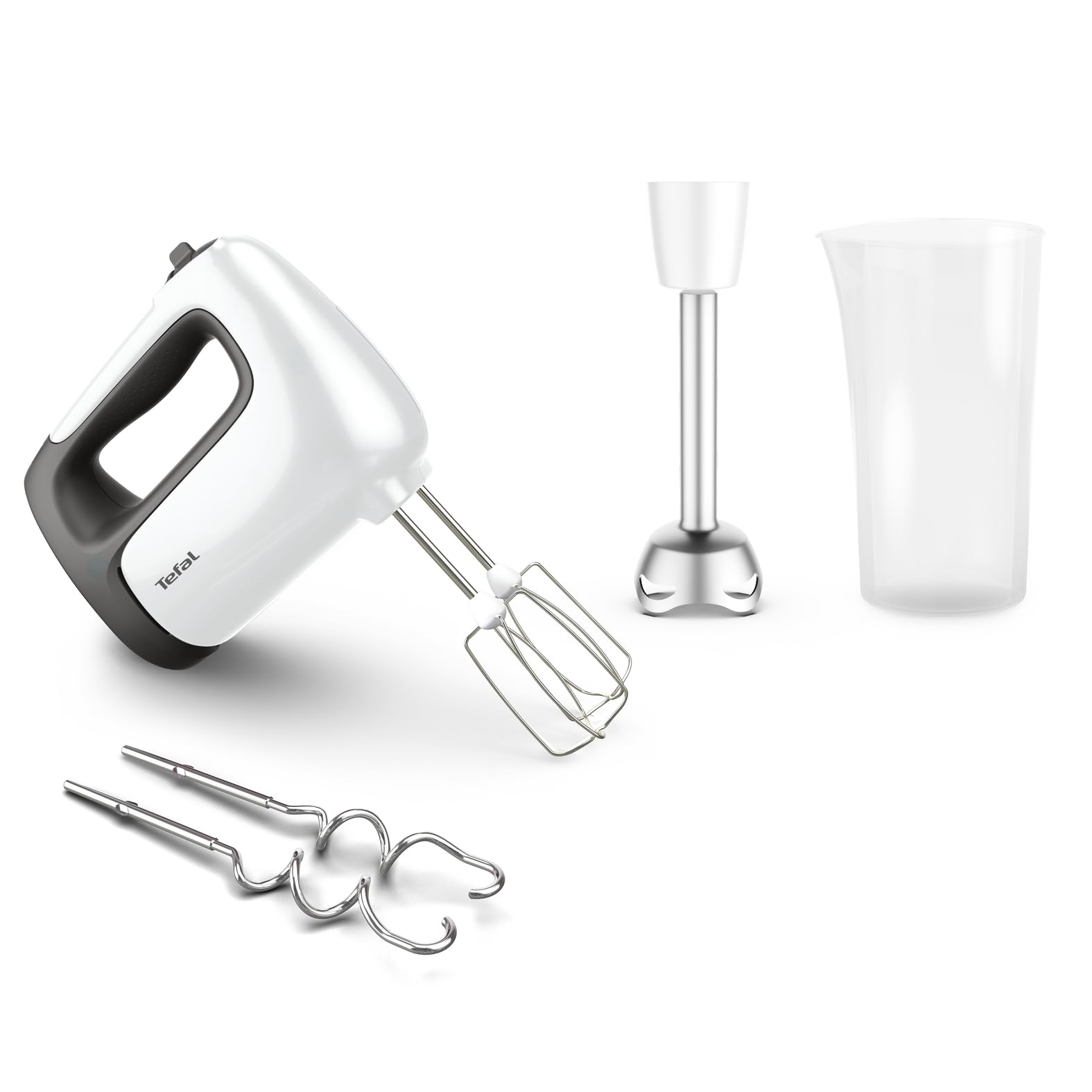Tefal Prep'Mix + Handmixer mit Pürierstab, ideal für leichte und zähe Zubereitungen, leistungsstarker 500-W-Motor, 5 Geschwindigkeiten, Turbo-Funktion, Pürierstab-Aufsatz, weiß/grau, HT462138