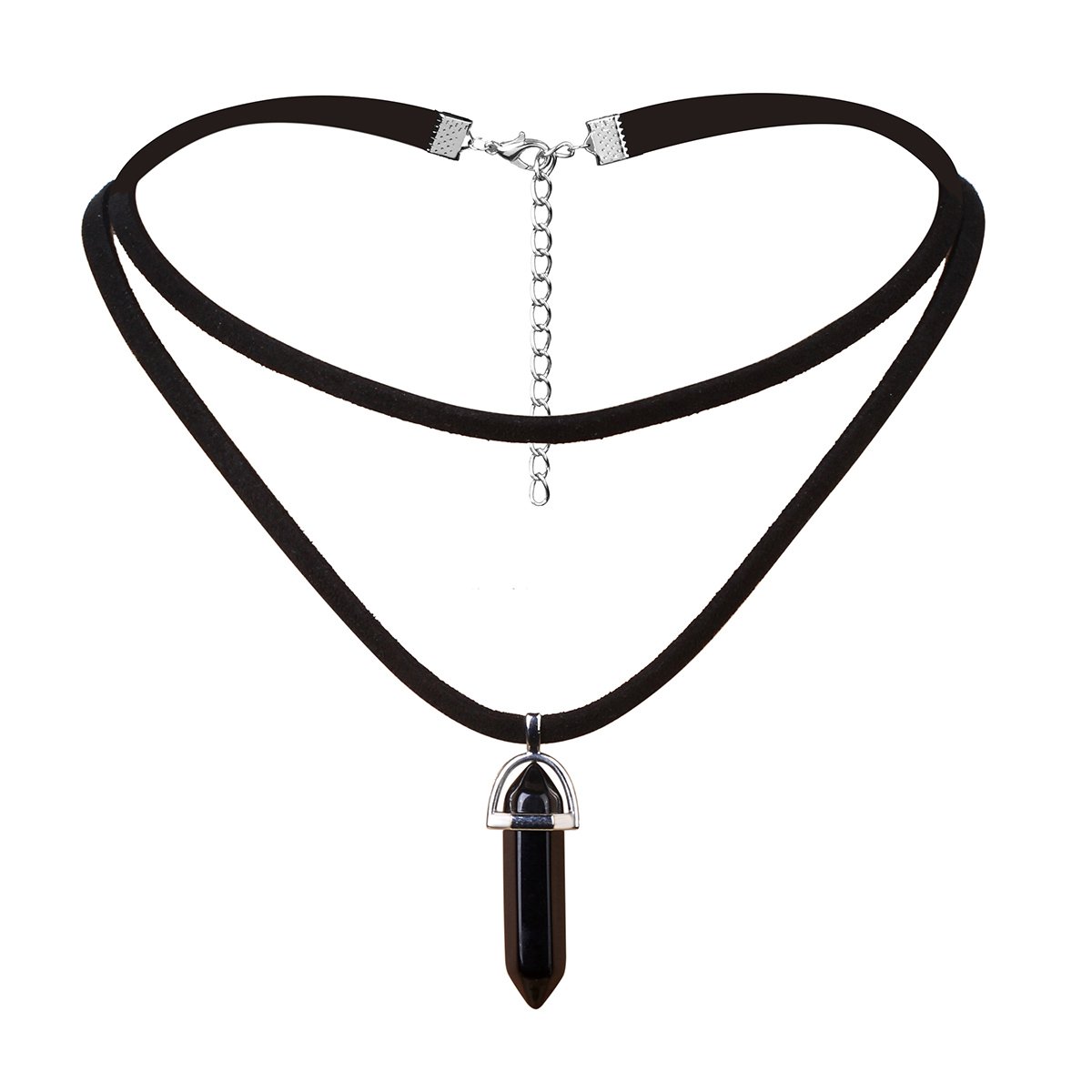 Tpocean Women's Double Layer Leather Black Choker Crystal Quartz Point Choker Necklace Gem Pendant Charm Jewelry