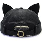Retro Brimless Hats for Men Women Adjustable Rolled Cuff Docker Hat Beanie Skull Caps with Cat Ears