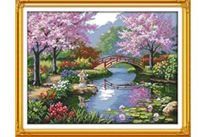 Stitchmelody 14CT Counted Cross Stitch Kits,DMC Unprinted Pattern Embroidery Set Needlework-The Beautiful Scenery of Park 21.2''×21.2'