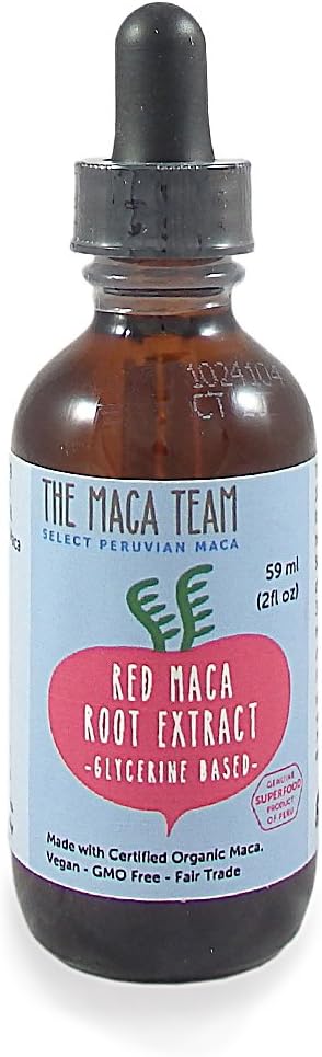 Red Maca Extract - 2 Fl Oz 59 ml - Fair Trade, GMO Free, Alcohol Vegan Made from Organic Roots Grown Traditionally in Peru - Suitable for Everyone