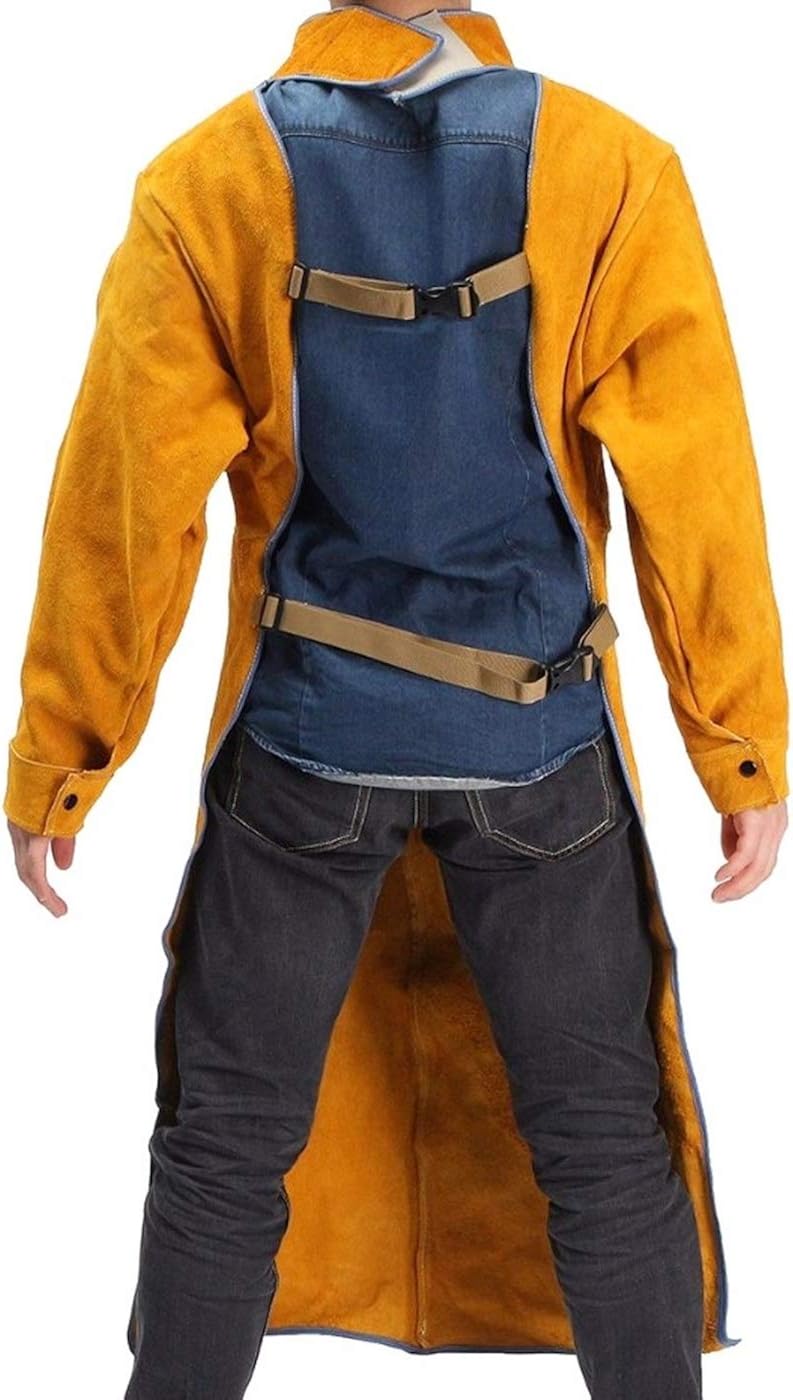 Jewboer Leather Welding Apron Jacket Anti-scald Work Apron Heavy Duty Weld Coat Clothes with Neck Sleeves: Clothing