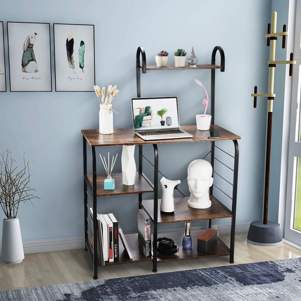 VANSPACE Indusrial Kitchen Baker's Rack Utility Storage Shelf Microwave Stand 4-Tier + 3-Tier Kitchen Storage Cart Table for Spice Rack Organizer Workstation with 5 Hooks - 35.5" Vintage Brown - Standing Baker's Racks