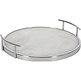 Kate and Laurel Marbury Modern Round Marble Tray; 14 Inch Diameter; Silver; Decorative White Marble Tray for Display and Stor