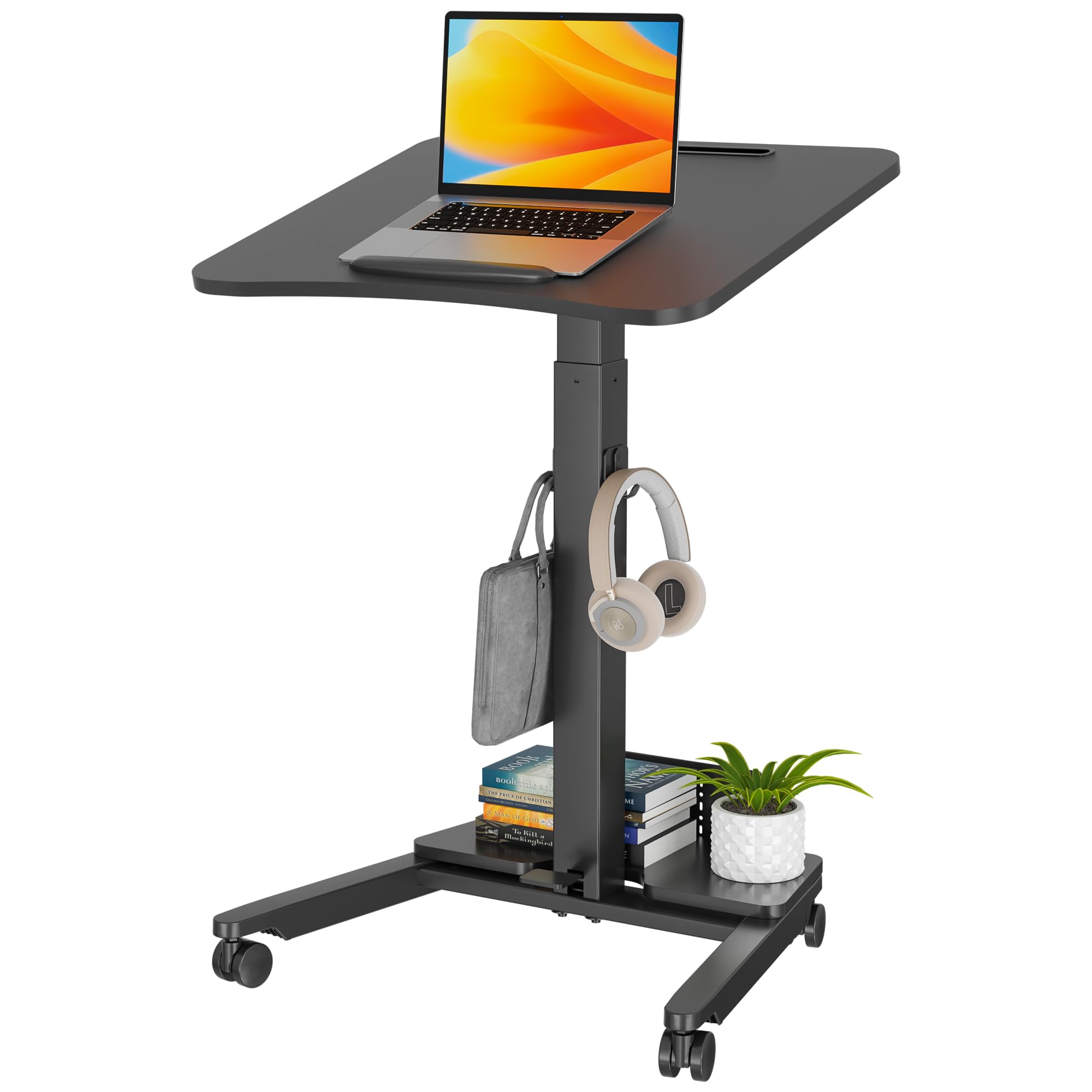 Photo 1 of BONTEC Mobile Standing Desk Black, 23.6" x 20.5" 90° Tilting Desktop, Foot Pedal Height Adjustable, Foldable Portable Workstation with Pegboard Storage Shelf, Rolling Base with Hooks and Smooth Wheels