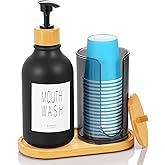 VITVITI Mouthwash Dispenser for Bathroom, Mouth Wash Pump Bottle with Paper Cup Holder, 17Oz Refillable Black Mouthwash Container with Bamboo Lid/Tray/Label
