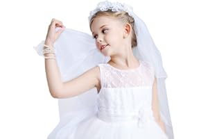 Libsit Girls First Communion Floral Wreath Veil Holy White Pearls Center with Bow Headpiece Flower Girl Wedding Headband Kids Veils Crown with Comb