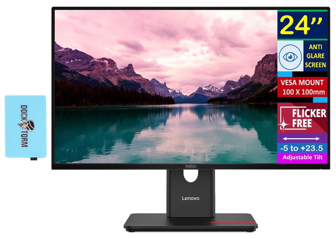 Lenovo ThinkVision 24" FHD IPS Monitor with 4ms Response Time, Anti Glare, Flicker Free, VESA Mount (100mm), Displayport, HDMI & Dockztorm USB Port Expander, Black Color