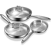 Tri-Ply Stainless Steel Frying Pans Set with Lid, EWFEN 8”/10”/12” Cooking pans, PFOA&PTFE Free Skillet, Induction Cooking Pan, Dishwasher and Oven Safe, Fast & Even Heat, Suitable for All Stove