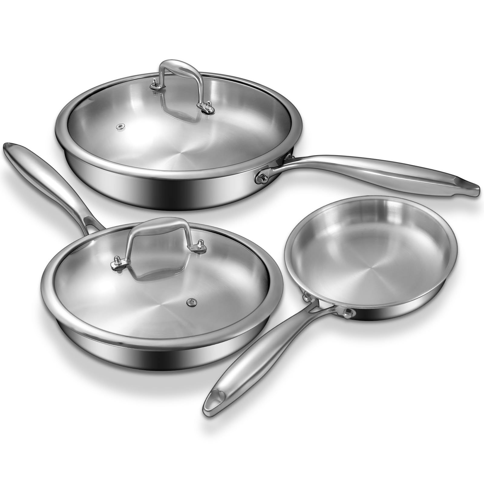 Photo 1 of Tri-Ply Stainless Steel Frying Pans Set with Lid, EWFEN 8”/10”/12” Cooking pans, PFOA&PTFE Free Skillet, Induction Cooking Pan, Dishwasher and Oven Safe, Fast & Even Heat, Suitable for All Stove