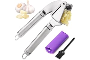 BURLIHOME Garlic Press Mincer, 304 Stainless Steel Garlic Press with Garlic Peeler Tube, Heavy Duty Metal Ginger Press, Silve