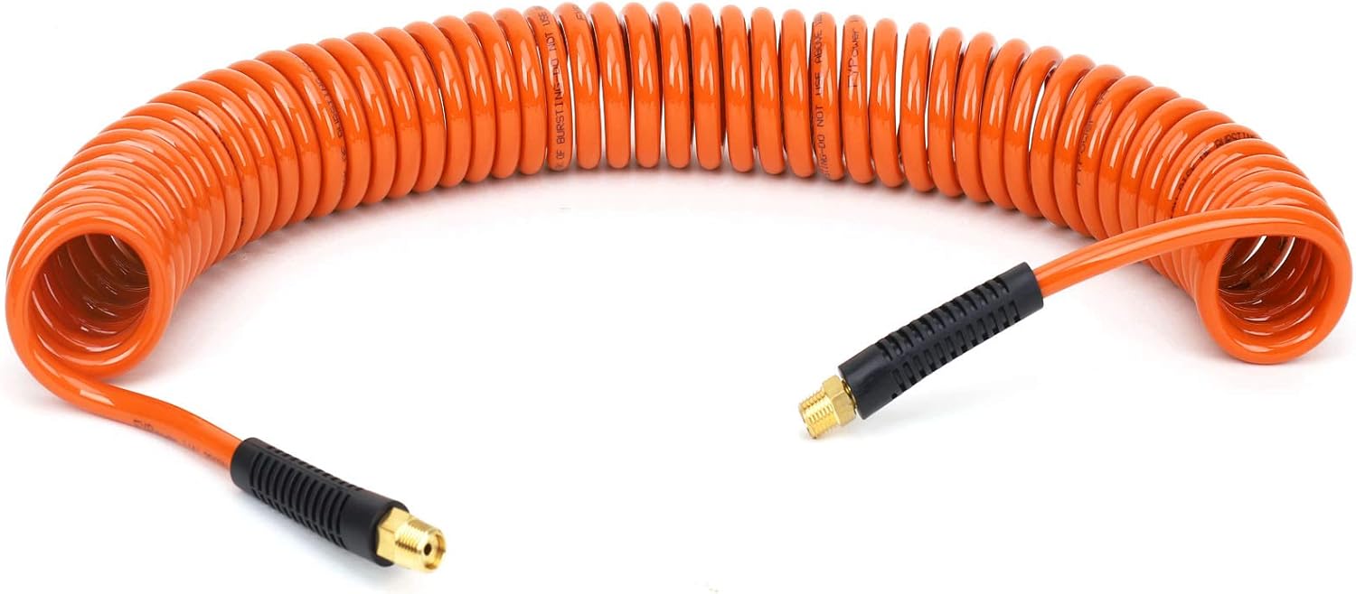 FYPower 1/4 inch x 25 ft Recoil Poly Air Hose Kit, 20 Pieces Air Compressor Accessories Set, 1/4" NPT Quick Connect Air Fittings, Blow Gun, Chuck, Safety and Tapered Nozzles, Couplings, Orange PU Hose - - 