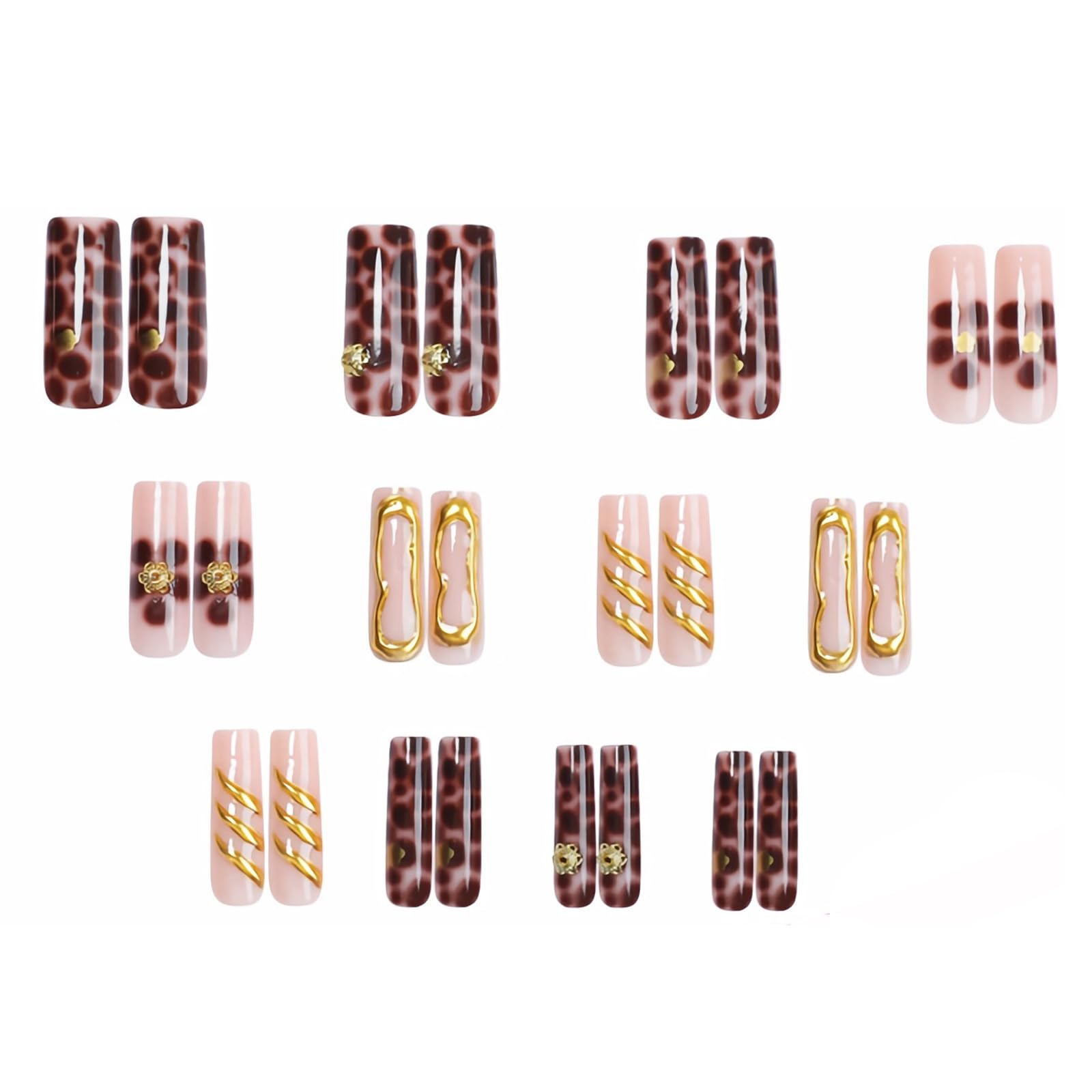 BABALAL Brown Press on Nails Long Square Fake Nails 3D Texture Glue on Nails Gold Flower Acrylic Nails 24Pcs Fall Stick on Nails Squoval Glossy Manicure Artificial Nails - Image 3