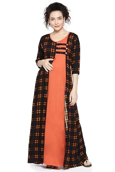 Womens Maternity Long Nightdress with Feeding Zip