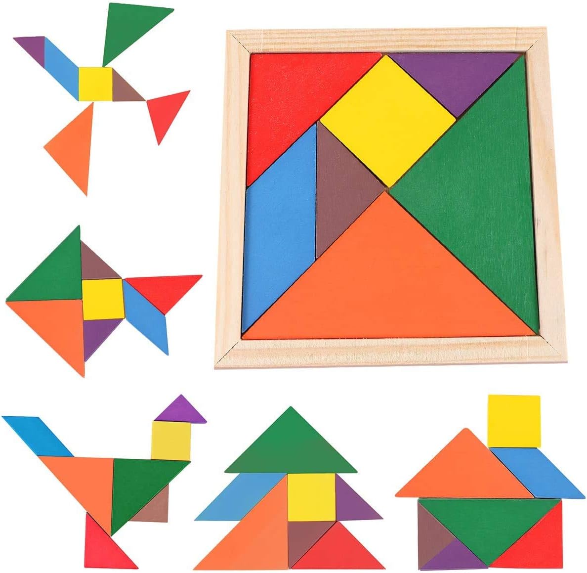 Mumoo Bear Samdone wooden Tangrams Puzzles, 7 Pieces Tangram Puzzle Book Set Toy Colorful for
