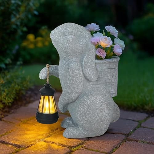 OOSTONEE Solar Garden Statues Rabbit Statue, Solar Yard Decorations Lawn Ornaments Yard Art Porch Patio Balcony, Cute Housewarming Gifts and Cute Birthday Gifts for Women Mom Grandma