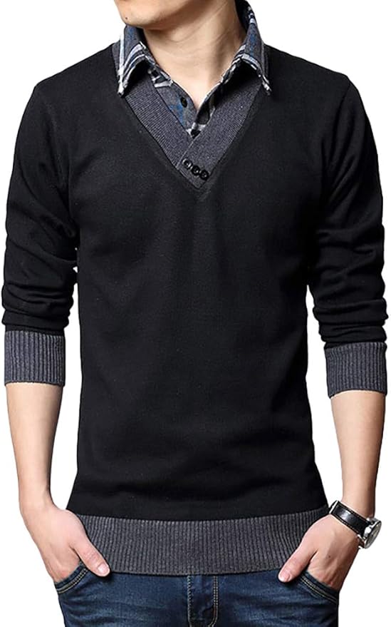 シティヤング Cityoung メンズ カットソー フェイクレイヤード 襟付き Vネック 重ね着風 スタイリッシュ おしゃれ Tシャツ カットソー 通販 Amazon