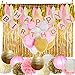 Paxcoo Pink and Gold Birthday Decorations with Birthday Banner Balloons Tissue Flowers Paper Lanterns Fringe Curtain for Baby Shower Girls 1st Party