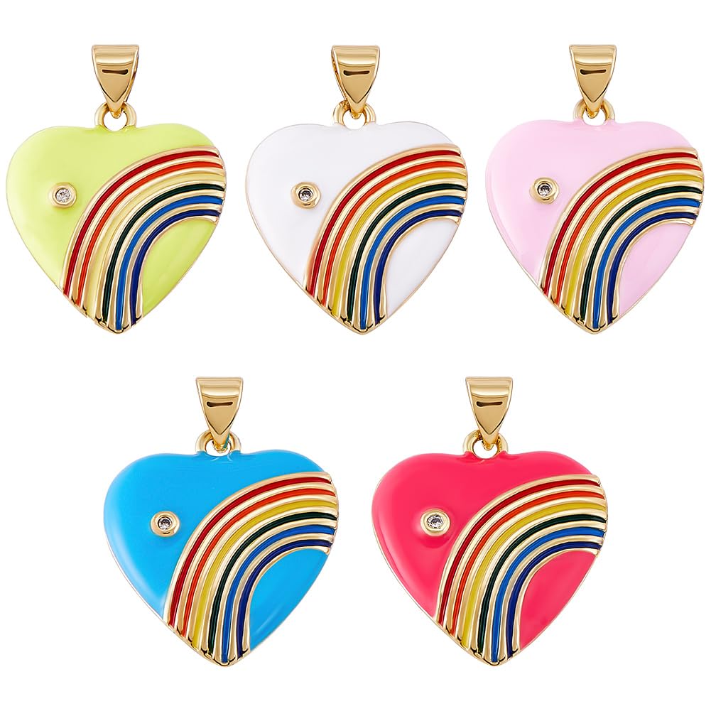 Beebeecraft 1 Box 5Pcs Rainbow Heart Charms 18K Gold Plated Cubic Zirconia 5 Colors Heart Love Enamel Pendants Charms Gay Pride Gift for Valentine's Gifts DIY Jewelry Making Necklaces