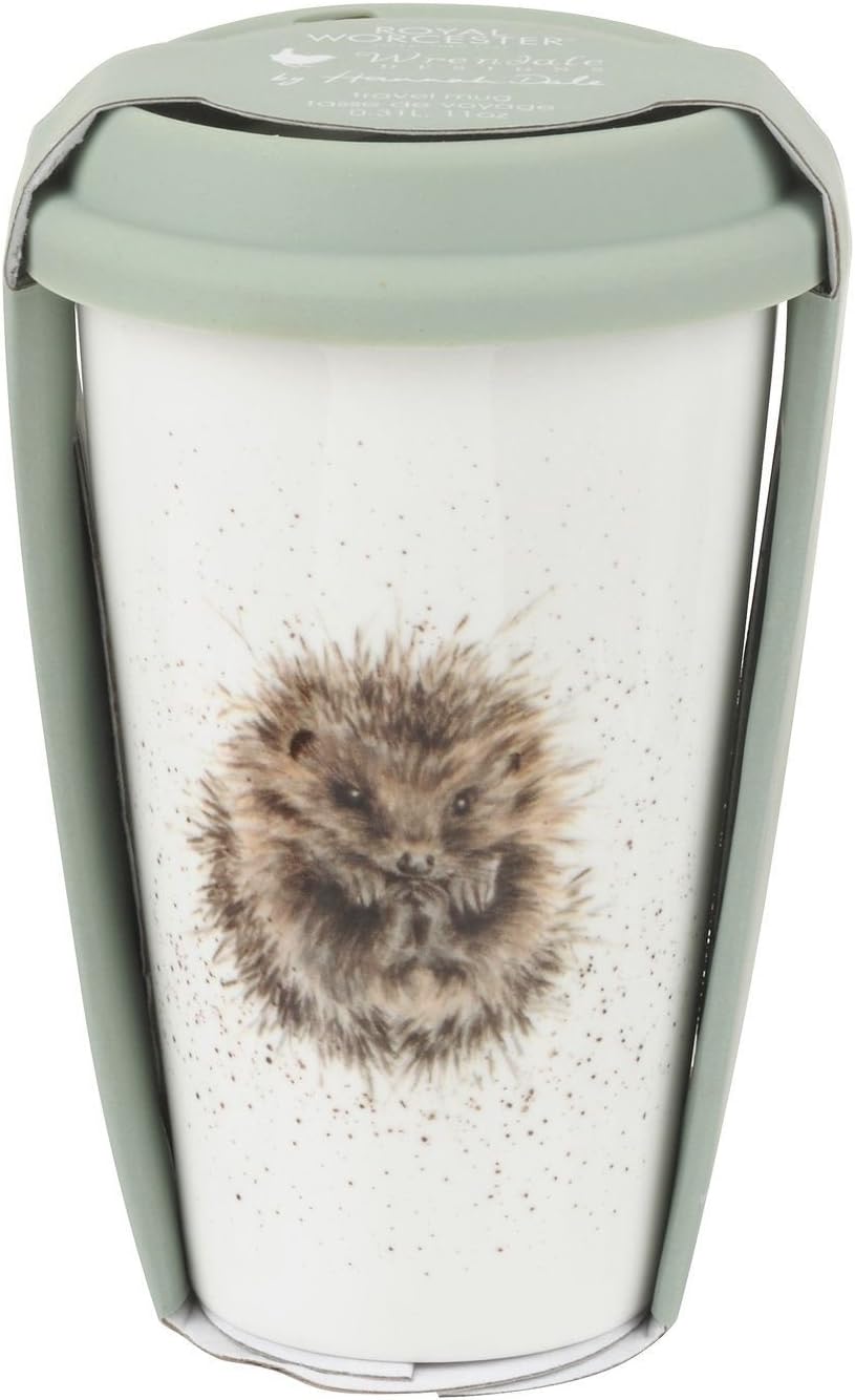 Hedgehog Brown White Green Ceramic TRAVEL MUG with Silicone LID H15.5CM X W9.5CM