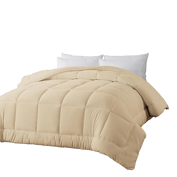 BEDTREAT DOWN ALTERNATIVE COMFORTER FULL DUVET INSERT WITH CORNER TABS, ALL SEASON QUILTED BED COMFORTER BOX-STITCHED FULL COMFORTER BEIGE，MACHINE WASHABLE MICROFIBER BEDDING