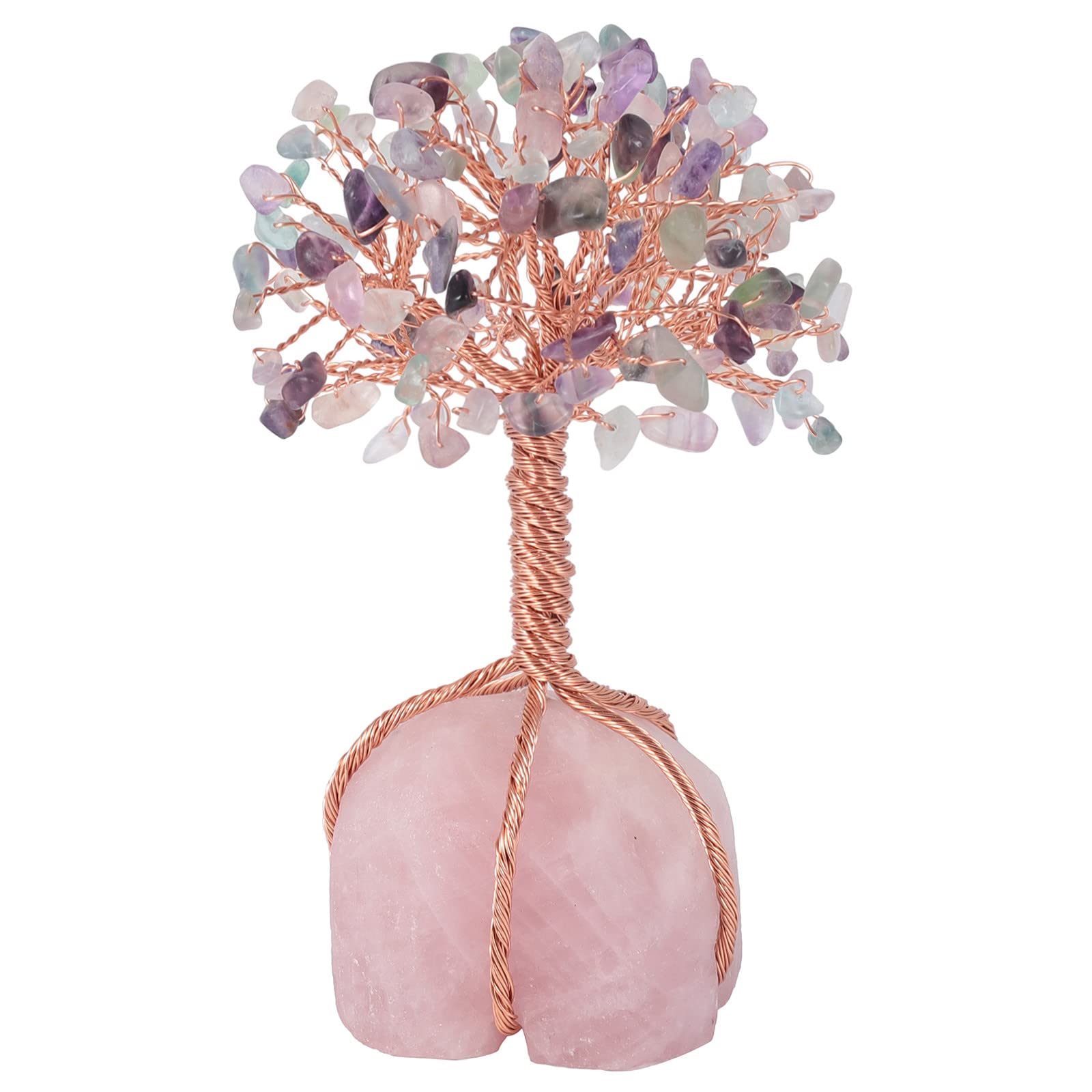 Nupuyai Fluorite Crystal Money Tree with Rose Quartz Raw Stone Base, Good Luck Fengshui Figurine Spiritual Healing Stone Tree Ornament Home Office Decor