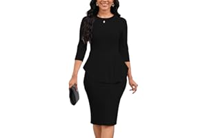 Yajedo Womens Peplum Bodycon Pencil Midi Dress 3/4 Sleeve Crew Neck Work Church Knee Length Sheath Dress Elegant
