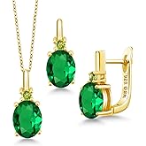 Gem Stone King Gemstone Birthstone and Green Peridot Pendant and Earrings Jewelry Set for Women in 18K Yellow Gold Plated Silver | Oval 8X6MM and Round 2.5MM | With 18 Inch Chain