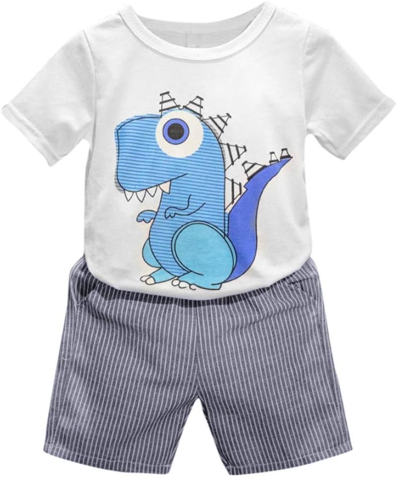 Children Kid Baby Boys Clothing Suit LILICAT 1Set Summer Casual Toddler Cartoon Dinosaur Pattern White T-Shirt +Beach Stripe Shorts Pants for 2-7 Years Old